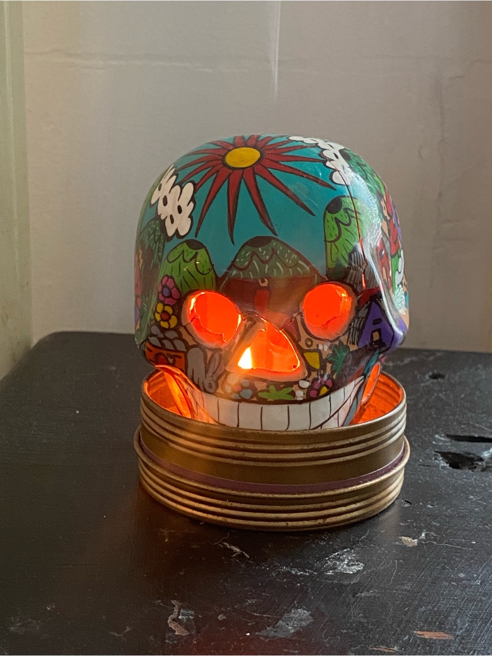 Hand-Painted Turquoise Floral Skull Candle Holder - Unbranded